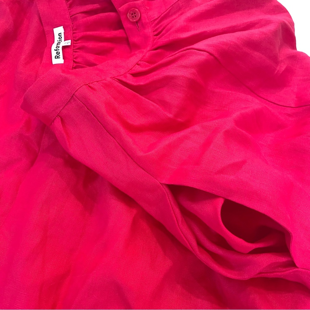 Reformation Orzo Linen MIDI High Waist Skirt in Hot Pink Corvette 2 Button Front - Picture 3 of 5